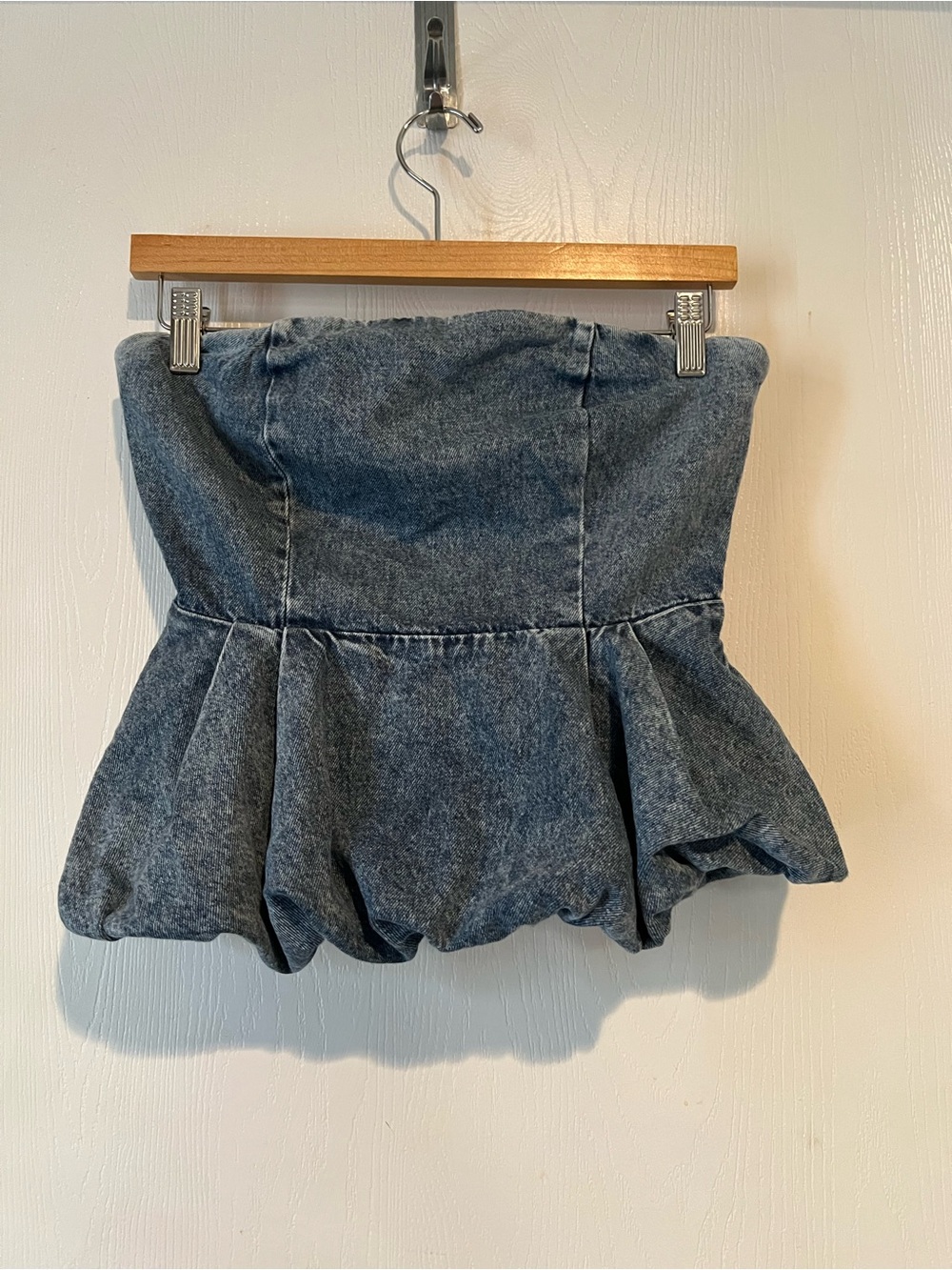 Future Collective Strapless Denim Bubble Hem Crop Top Women Sz XS